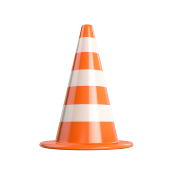 A bright orange traffic cone on a white background, symbolizing road safety. png