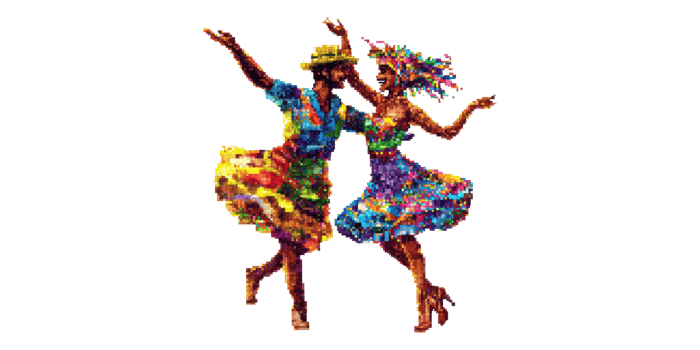 Colorful dancing couple in vibrant costumes isolated on transparent background png