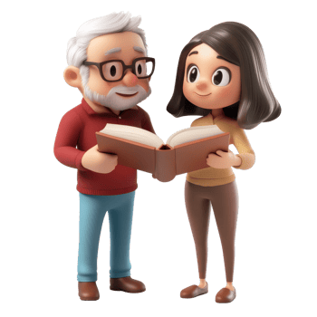 A joyful moment between a young woman and an elderly man reading a book together. png