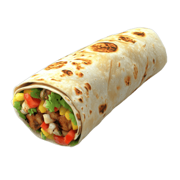 A delicious burrito filled with fresh vegetables and savory meat wrapped in tortilla. png