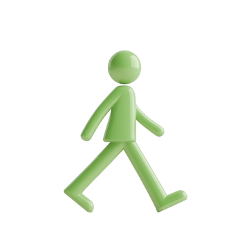 A stylized illustration of a green human figure walking, symbolizing movement and activity. png