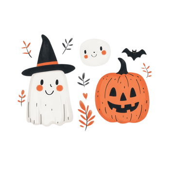 Cheerful Halloween illustrations featuring ghost, pumpkin, and witch elements. png