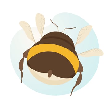 Big, cute, cartoon bumblebee flying away. Bumblebee back. Illustration for postcard, poster, banner, cover. vector