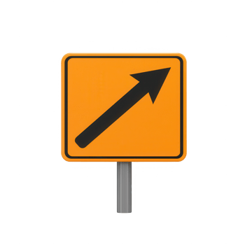 Traffic sign indicating direction with a bold arrow on an orange background. png