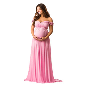 Elegant Expecting Mother in Pink Dress Holding Baby Bump Portrait png