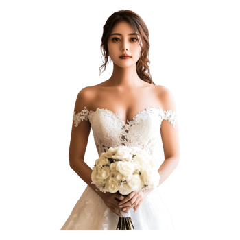 Elegant Bride in White Wedding Dress Holding Flower Bouquet png