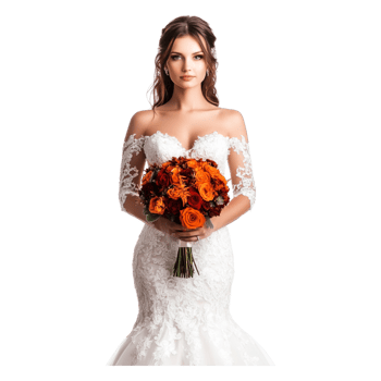 Elegant Bride with Gorgeous Bouquet of Orange Roses and Flowers png
