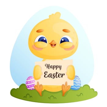 Happy easter card with adorable Easter chick and painted eggs. vector