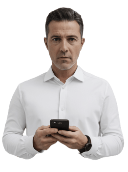A man in a white shirt holding a cell phone png