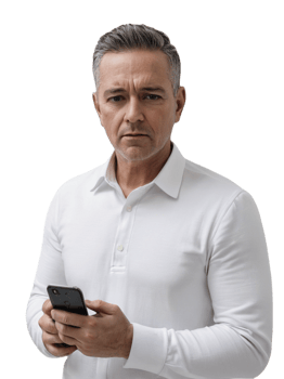 Man in white shirt holding cell phone png