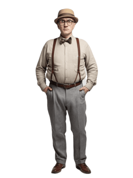 A man in a hat and suspenders standing png