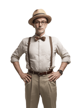 A man in a hat and suspenders standing with his hands on his hips png