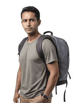 Man with backpack standing against black background png
