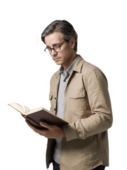 A man in glasses is holding an open book png