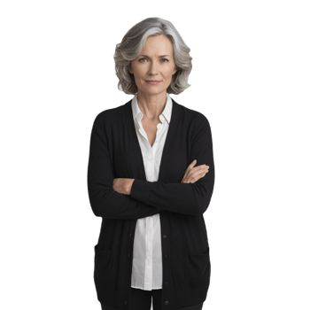 A woman with gray hair and a black cardigan png