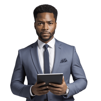 A man in a suit holding a tablet png