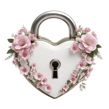 A white heart shaped lock with pink flowers png