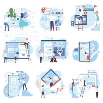 Social, Mobile, Email, Referral, Digital Marketing Set, Management Strategy, People Working on Content Engagement, Promotion, Internet Advertising, Business Software Flat Illustration vector