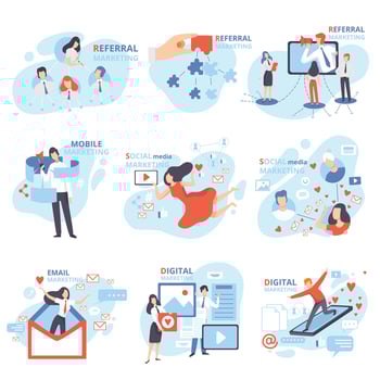 Social, Mobile, Email, Referral, Digital Marketing Set, Management Strategy, People Working on Content Engagement, Online Promotion, Internet Advertising, Business Software Flat Illustration vector