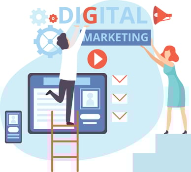 Digital Marketing, People Working on Business Analysis, Content and Management Strategy, Teamwork Flat Illustration vector