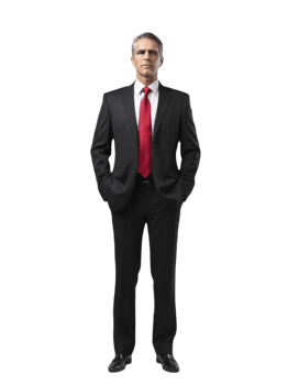 A man in a suit and red tie standing png