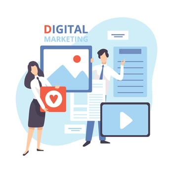 Digital Marketing, Creative Team Working on Content and Management Strategy, Business Analysis Flat Illustration vector