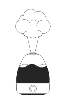 Humidifier releasing steam black and white 2D line object. Air purifier. Home appliance. Wellness device. Indoor air care gadget isolated clip art outline item. Monochromatic spot illustration vector
