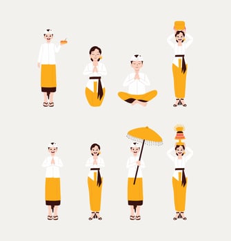 Traditional Balinese People in Hindu Ceremony Attire Performing Ritual Activities vector