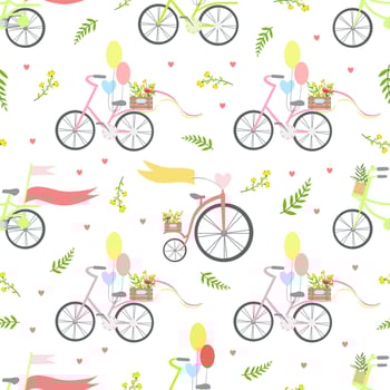 Vintage Bikes with Flowers and Balloons Seamless Pattern Illustration vector