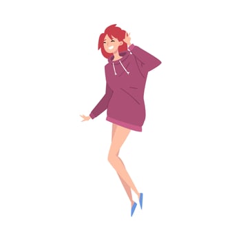 Smiling Red Haired Girl Wearing Purple Hoodie Cartoon Illustration vector