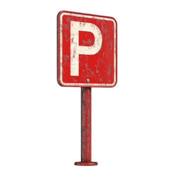 Rusted Red Parking Sign on Metal Post. isolated transparent background png