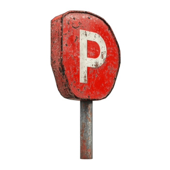 Rusted red parking sign on a metal post png