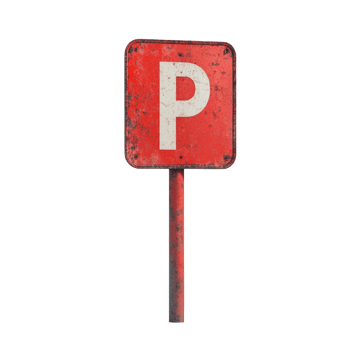 Rusted Red Parking Sign on Metal Post. isolated png