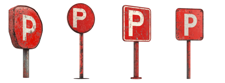 Four Rusted Red Parking Signs on Posts png