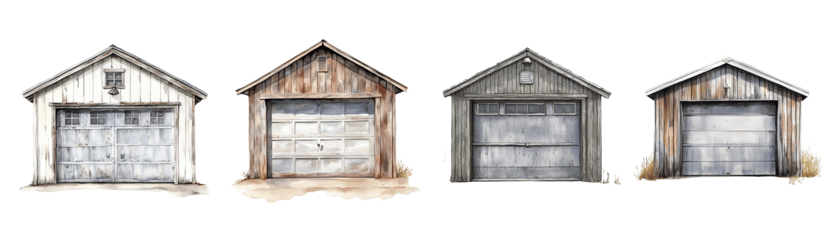 Four weathered wooden garage doors have varying colors and styles. png