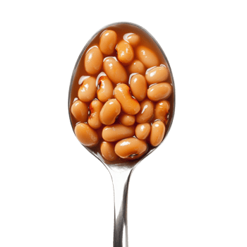 Baked beans in a silver spoon on black background png