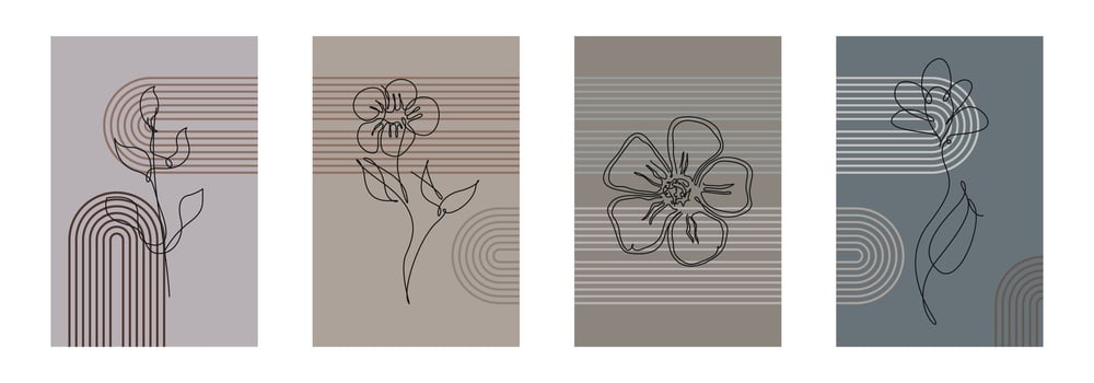 Beige Botanical Abstract Floral Outline Wall Art Background Poster Set vector
