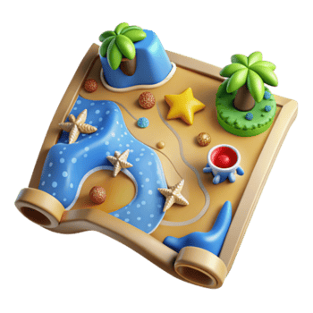 3D Cartoon Treasure Map Illustration Island Adventure, Palm Trees, Starfish, and Hidden Gems png