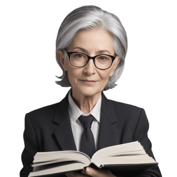 An older woman in a suit and glasses holding a book png