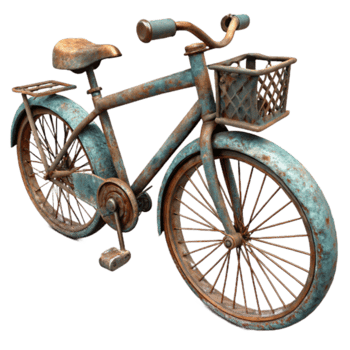 Rusty Vintage Bicycle 3D Render, Weathered Metal Bike with Basket Illustration png