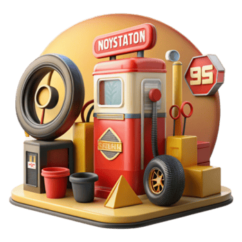 Retro Gas Station 3D Illustration, Vintage Fuel Pump, Tire, Boxes, Geometric Shapes png