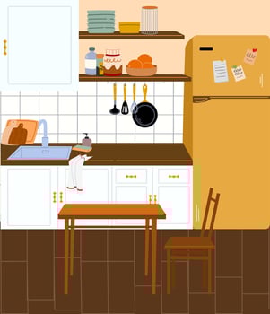 The interior of a modern kitchen with a fridge countertop, sink and dining table. vector