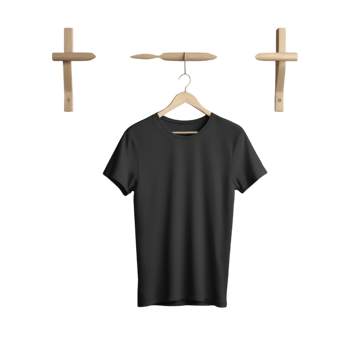 Black t - shirt hanging on a wooden hanger png