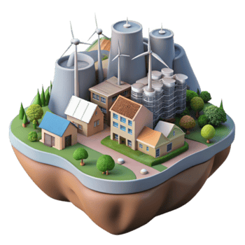 Sustainable Energy Village 3D Illustration Eco-Friendly Homes, Wind Turbines, and Industrial Plants png