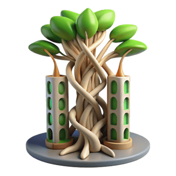 3D Illustration Lush Green Tree Entwined with Modern Buildings png