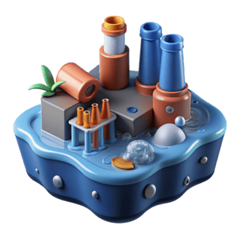 3D Render of Cartoon Island Factory with Water and Bubbles png