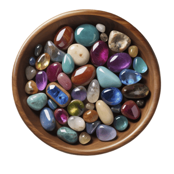 A bowl filled with colorful stones on a black background png