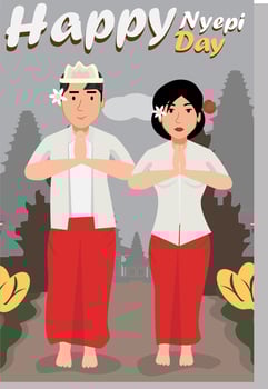 Bali's Nyepi day of silence with two men and a woman praying vector