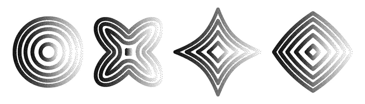 Geometric patterns with transparent noise creating unique designs in monochrome tones suitable for various artistic applications. vector