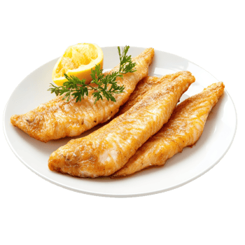 Golden Fried Fish Fillet Platter with Lemon and Parsley png